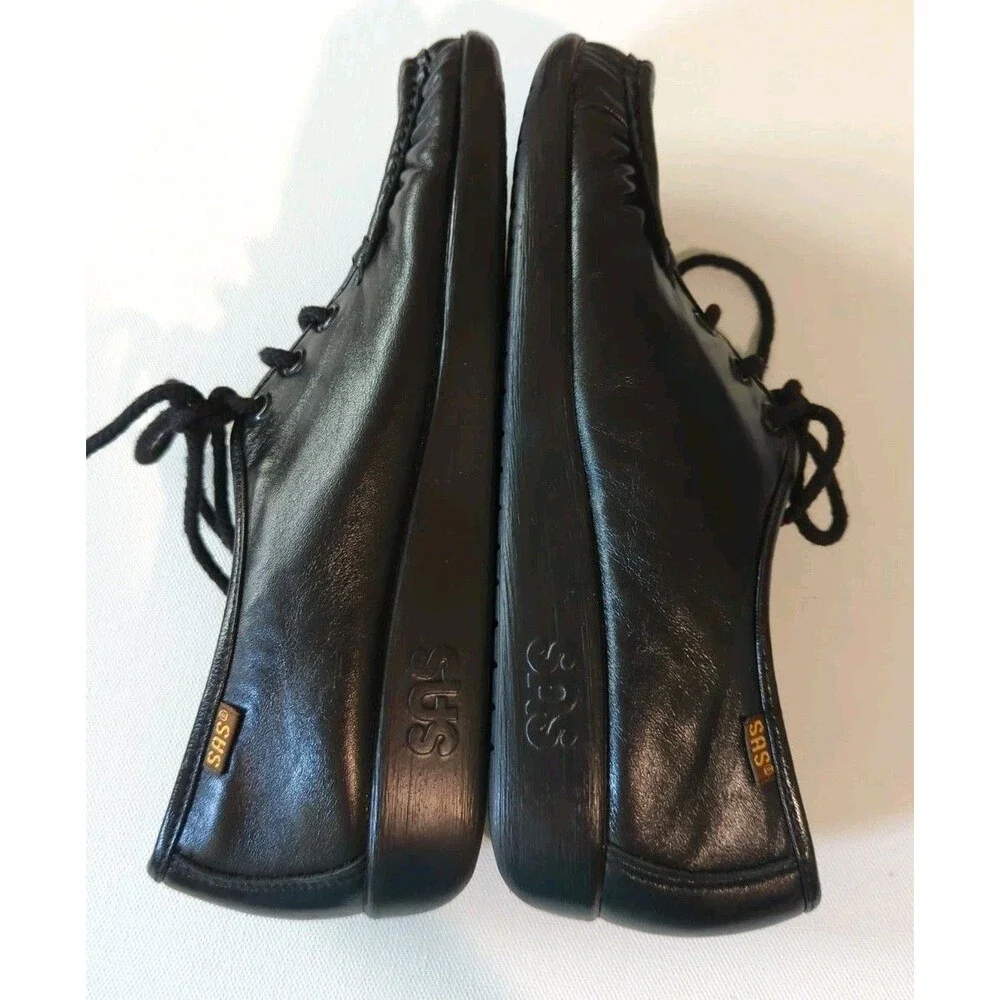 SAS Siesta Women 7N Black Leather Handsewn Oxfords Moc Toe Lace Up Shoes